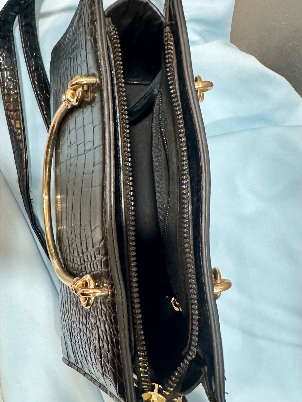 Classic Black Croc-Embossed Women’s Handbag with Gold Hardware